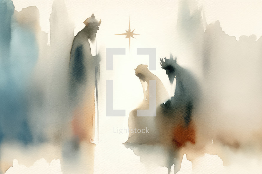 Epiphany. The Visit of the Three Wise Men.  Watercolor painting 