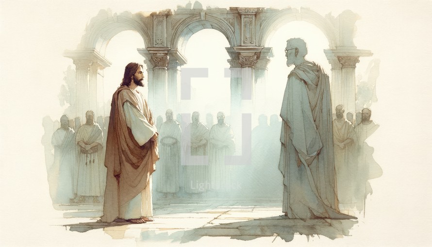 Jesus Christ before Pilate. Passion Friday. Life of Christ. Watercolor Biblical Illustration