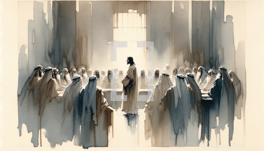 Jesus Christ before the Sanhedrim. Passion Friday. Life of Christ. Watercolor Biblical Illustration