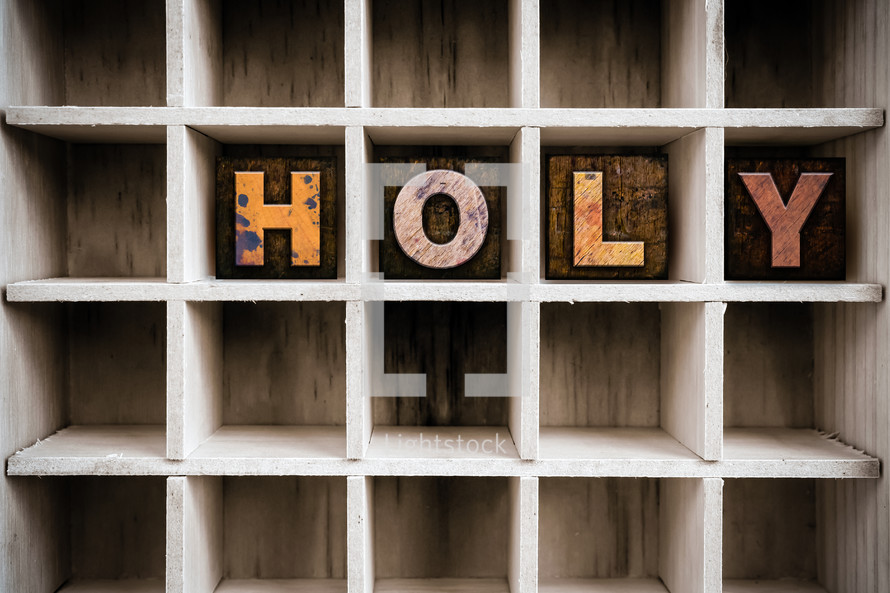 Wooden letters spelling "holy" on a shelf.