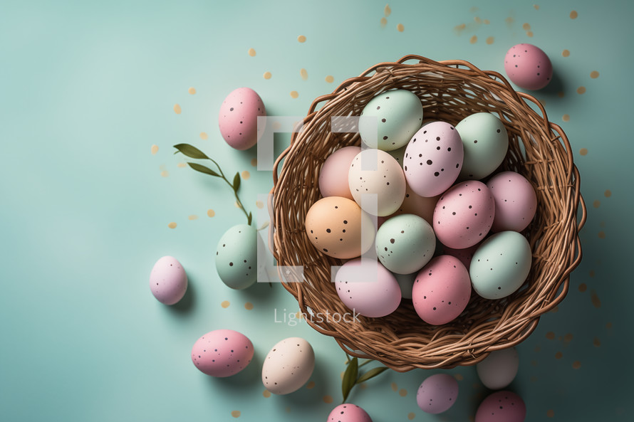Easter eggs lay flat in a basket