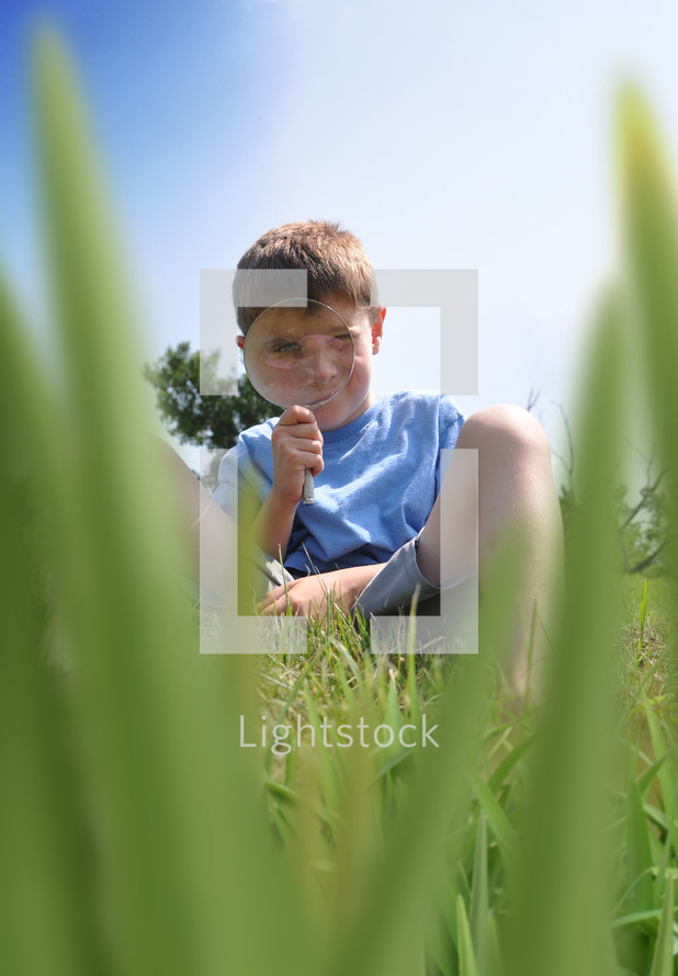 a little boy searching for bugs in the grass 
