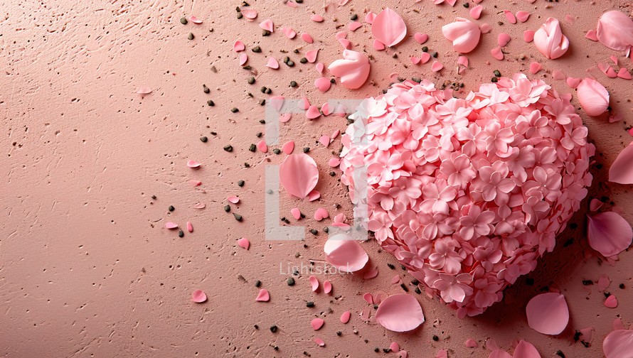 Pink heart on a pink background with rose petals and seeds.