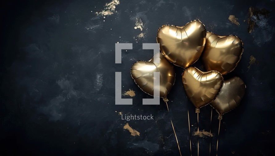 Golden heart-shaped balloons on a dark background. Valentine's day concept.
