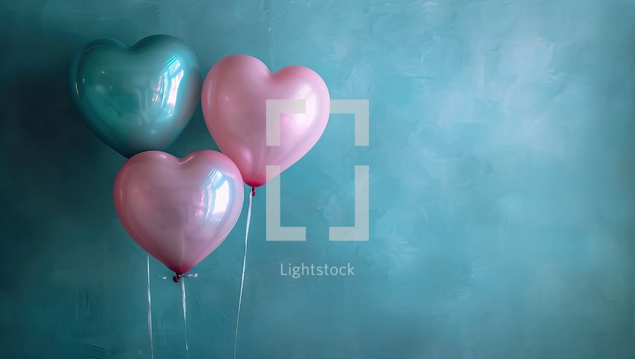 Valentine's day background with heart shaped balloons on blue wall