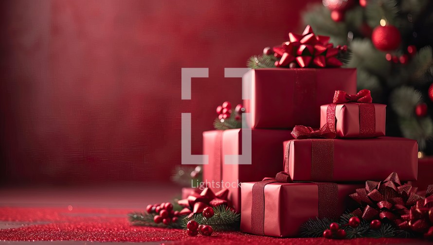 Christmas background with red gift boxes and christmas tree on red background