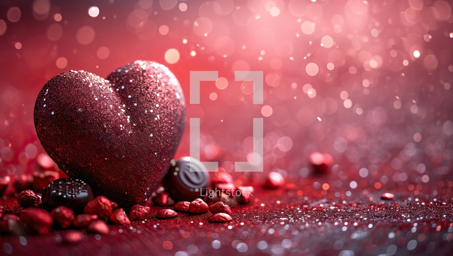 Valentines day background with red heart and chocolate candies.