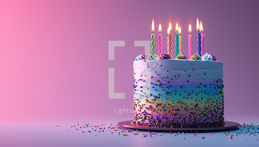  A colorful birthday cake with lit candles against a pink background