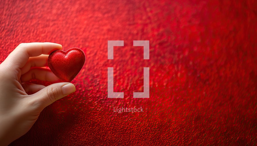Female hand holding a red heart on a red background with copy space
