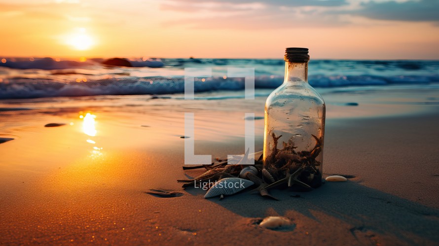  A bottle on a beach during sunset