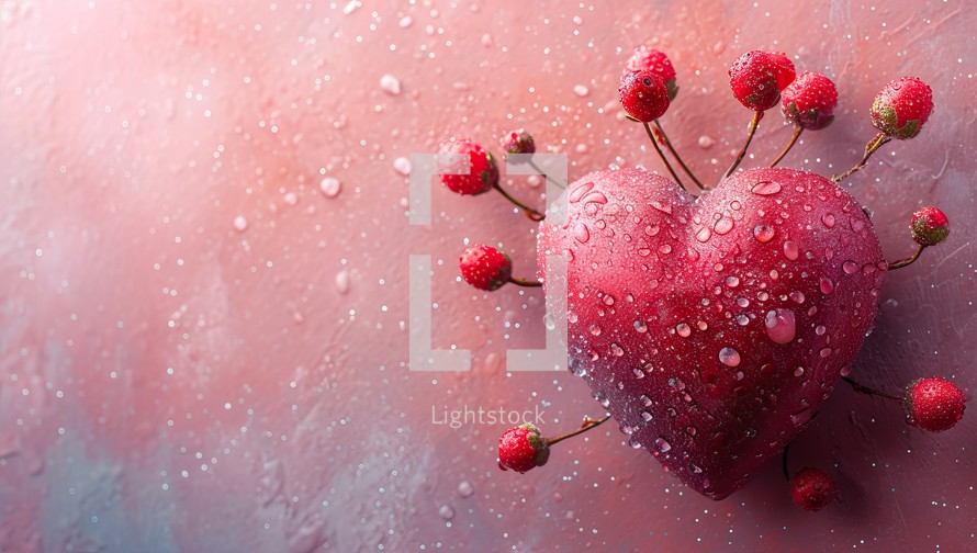 Red heart with berries on a pink background. Valentine's Day.