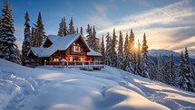 Wooden house in the mountains at sunset. Beautiful winter landscape.