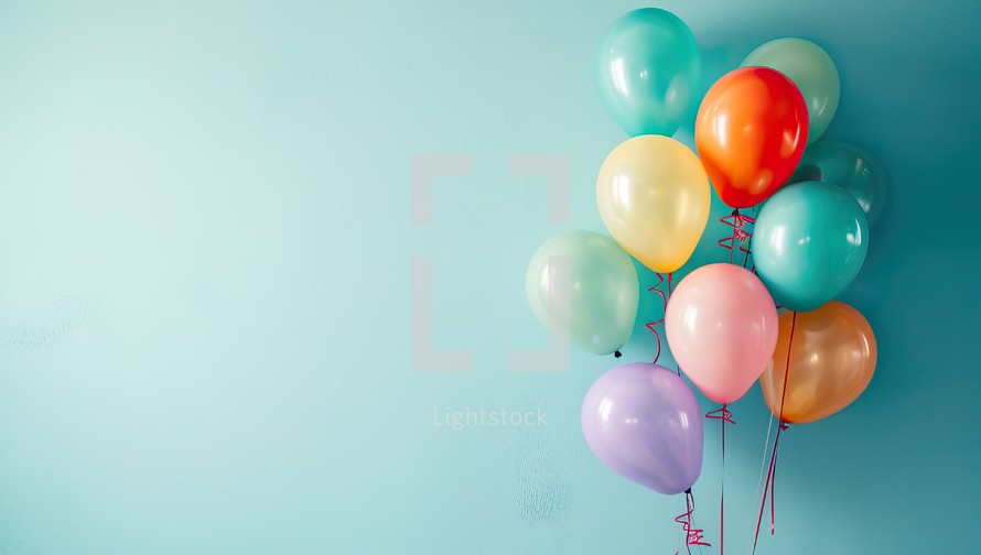 Colorful balloons on a blue background with copy space for text.