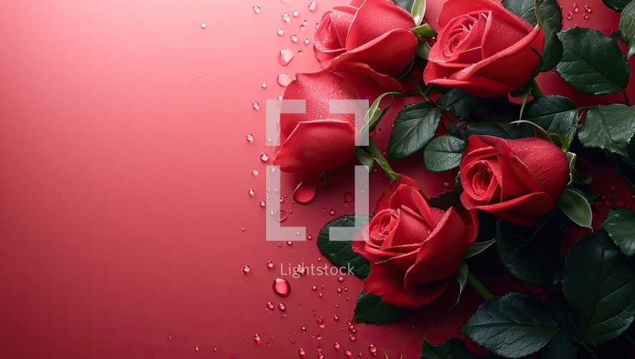 Red roses with water drops on red background. Valentines day concept.