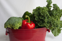 red and green vegetables in a bucket 