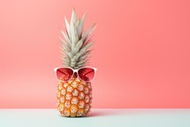 Pineapple with sunglasses on pink and blue background. Minimal summer concept.