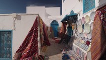 Carpet Rug Shop on The Street of an Incredibly Charming Town of the Blue City Sidi Bou Said, Tunisia