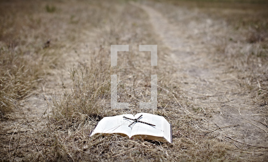 A Bible sets in the middle of a path - A cross made out of nails rests on top of the Bible