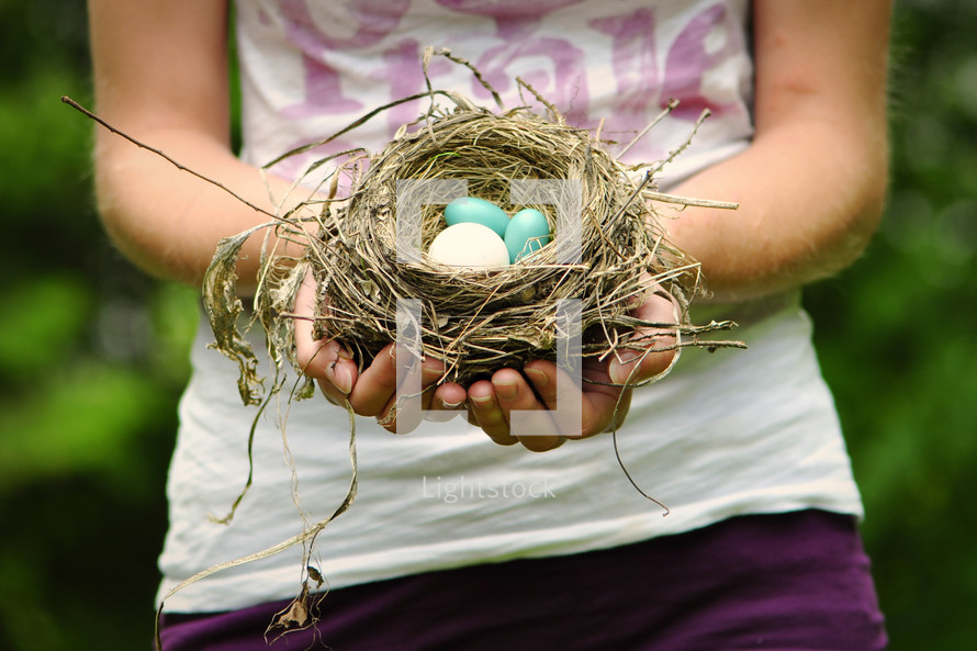 woman holding a birds nest full of eggs 