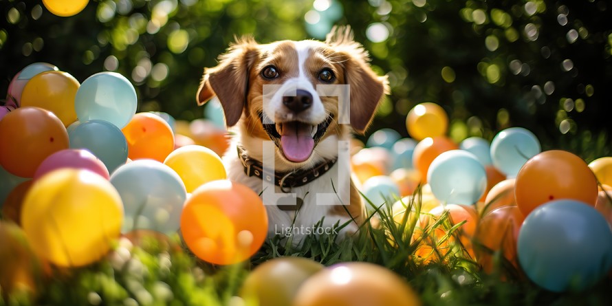 Adorable Beagle dog playing with colorful balloons in the garden.