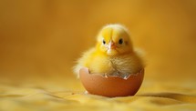 Little yellow chicken in eggshell on yellow background, easter concept