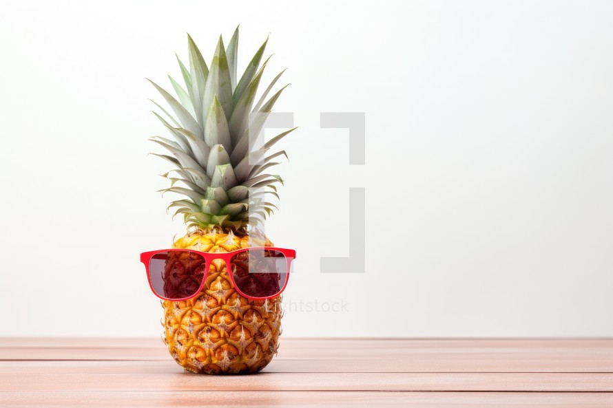 Pineapple wearing red sunglasses on wooden table with white background.