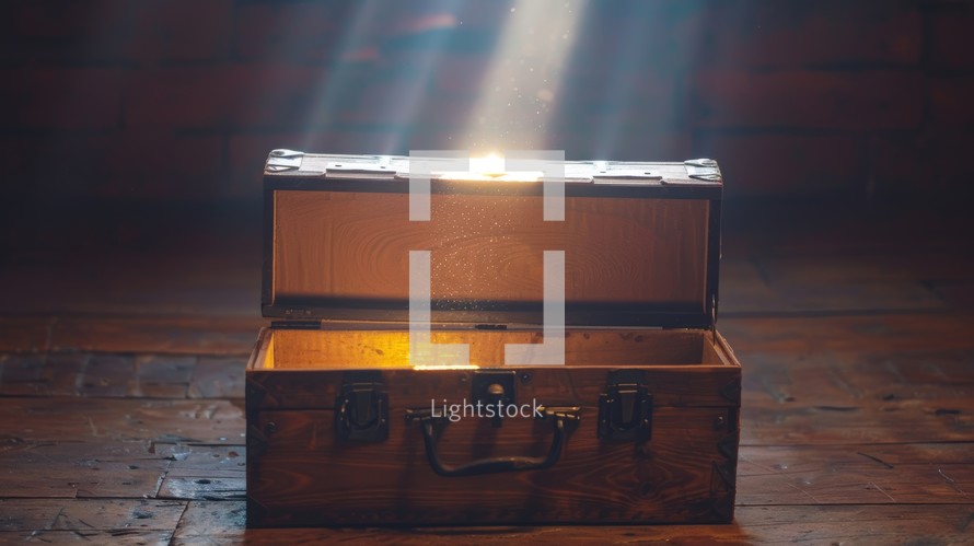 Glowing Treasure Chest with Light Beam and Dust Particles. Mystery, Discovery, and Magic