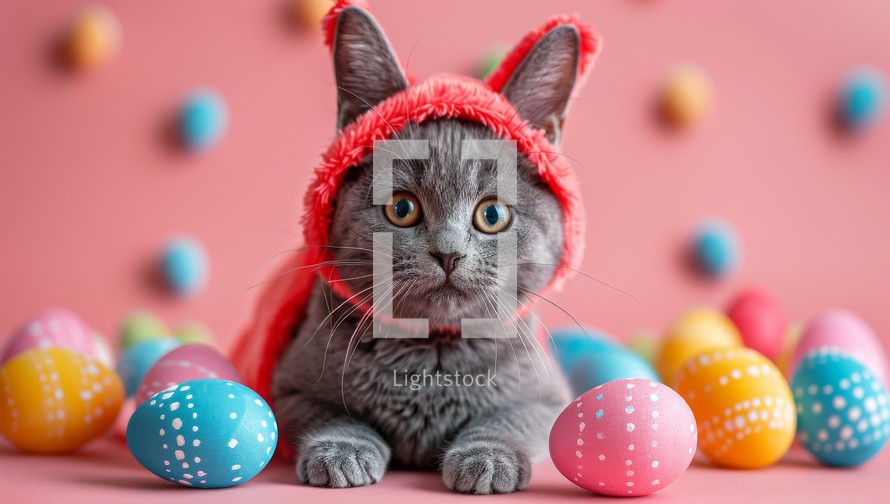 Cute cat wearing bunny ears surrounded by colorful Easter eggs