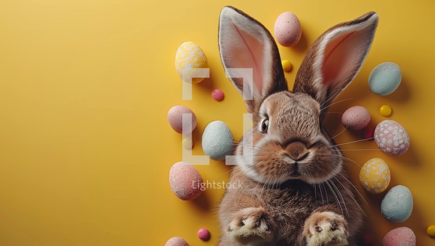 Cute brown bunny surrounded by colorful Easter eggs on a yellow background