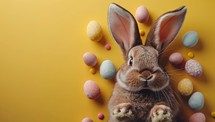 Cute brown bunny surrounded by colorful Easter eggs on a yellow background