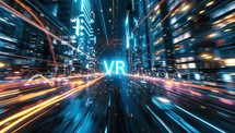  VR code illuminating a futuristic cityscape with motion blur