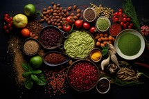 Spices and herbs on wooden background with copy space. Food and cuisine ingredients.
