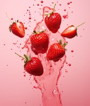 Fresh strawberries falling into water with splash, isolated on pink background.