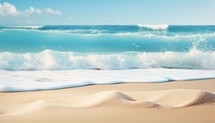 Closeup of sand on beach with turquoise sea and blue sky background
