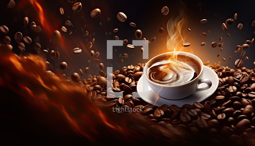 Coffee cup with steam and coffee beans on dark background. Mixed media