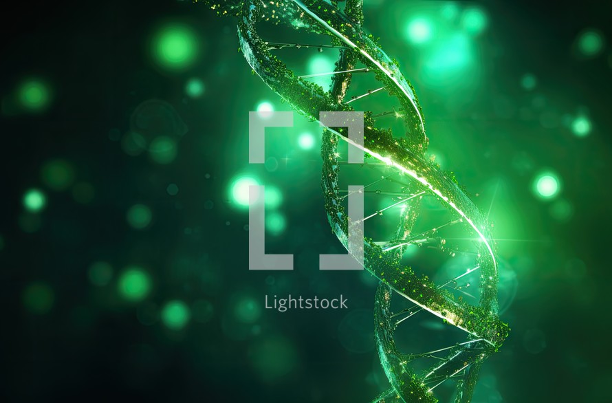 3D illustration DNA helix structure with green light bokeh background