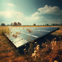 solar energy panels in the field. retro toned image.