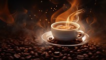 Cup of coffee with smoke and coffee beans on dark background.