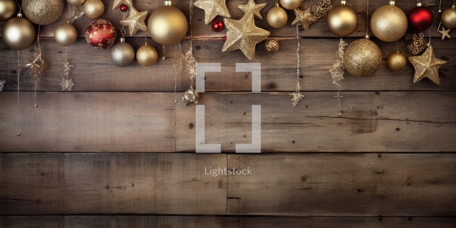 Christmas background with baubles and stars on wooden planks.