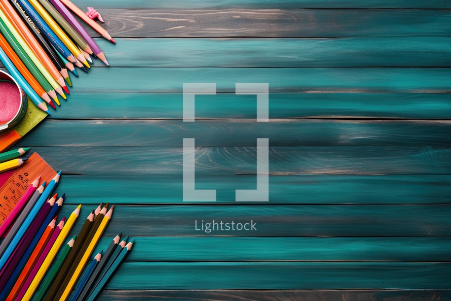 School supplies on a wooden background. Back to school. Copy space.