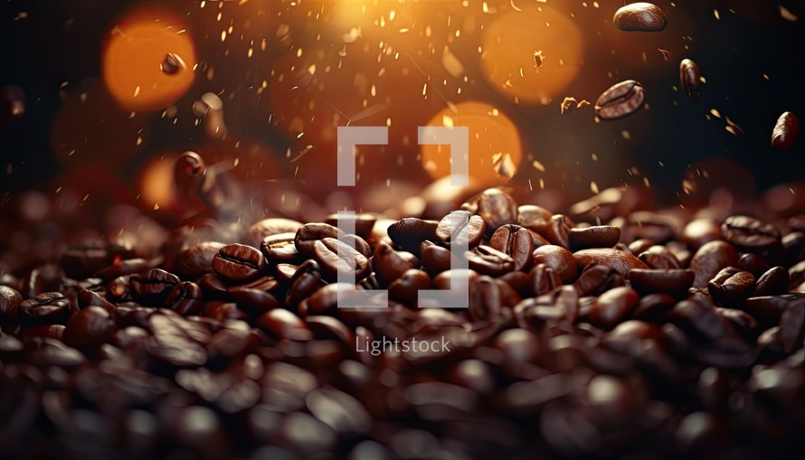 Coffee beans falling into the air with bokeh background