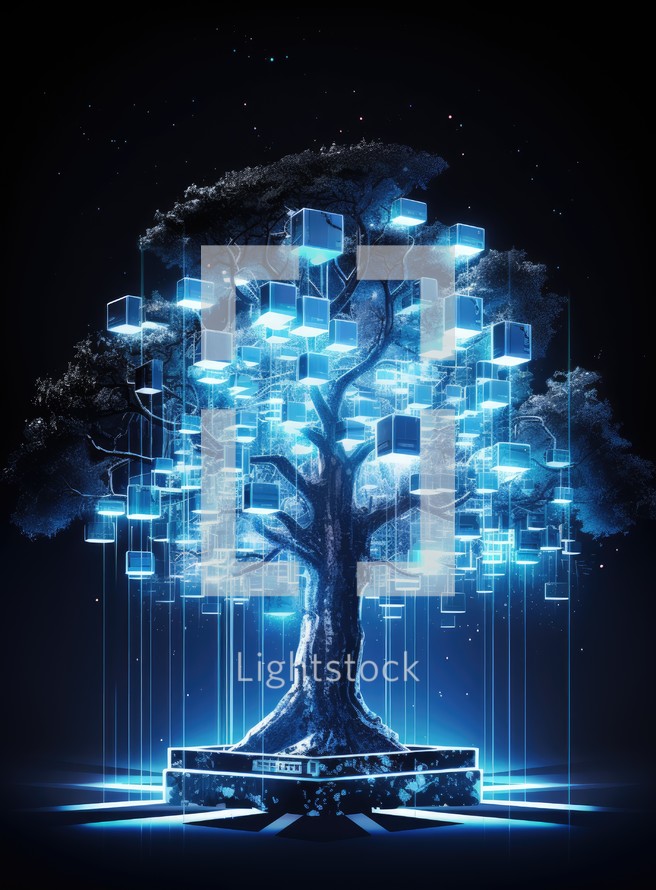 Futuristic tree with glowing cubes on dark background. 3D rendering