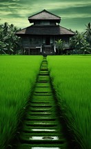 paddy rice field and wooden house