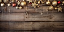 Christmas background with baubles and stars on wooden planks.