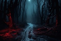 Dark forest with fog and a path, 3d rendering. Computer digital drawing.