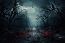 Scary halloween background with a path in the dark forest