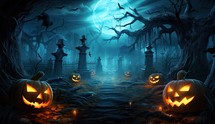 Halloween background with pumpkins and spooky trees, 3d render