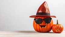 Halloween pumpkin with sunglasses and hat on wooden table with copy space