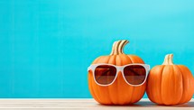 Pumpkin with sunglasses on blue background. Happy Halloween concept.