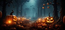 Halloween background with scary pumpkins in dark forest. 3d rendering